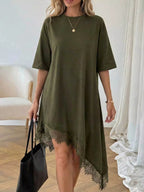 Lace trim asymmetrical hem T-shirt dress by Shopimist, featuring a casual fit with decorative lace details and unique hemline.