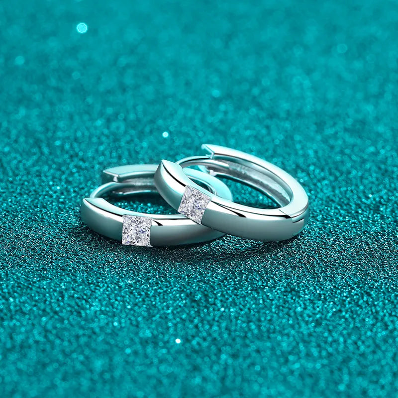 Sterling silver moissanite huggie earrings with sparkling gemstones, stylish and elegant jewelry by Plush Fashion Hub