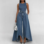 Women’s sleeveless wide-leg denim jumpsuit by Plush Fashion Hub, featuring a crew neck and casual relaxed fit.