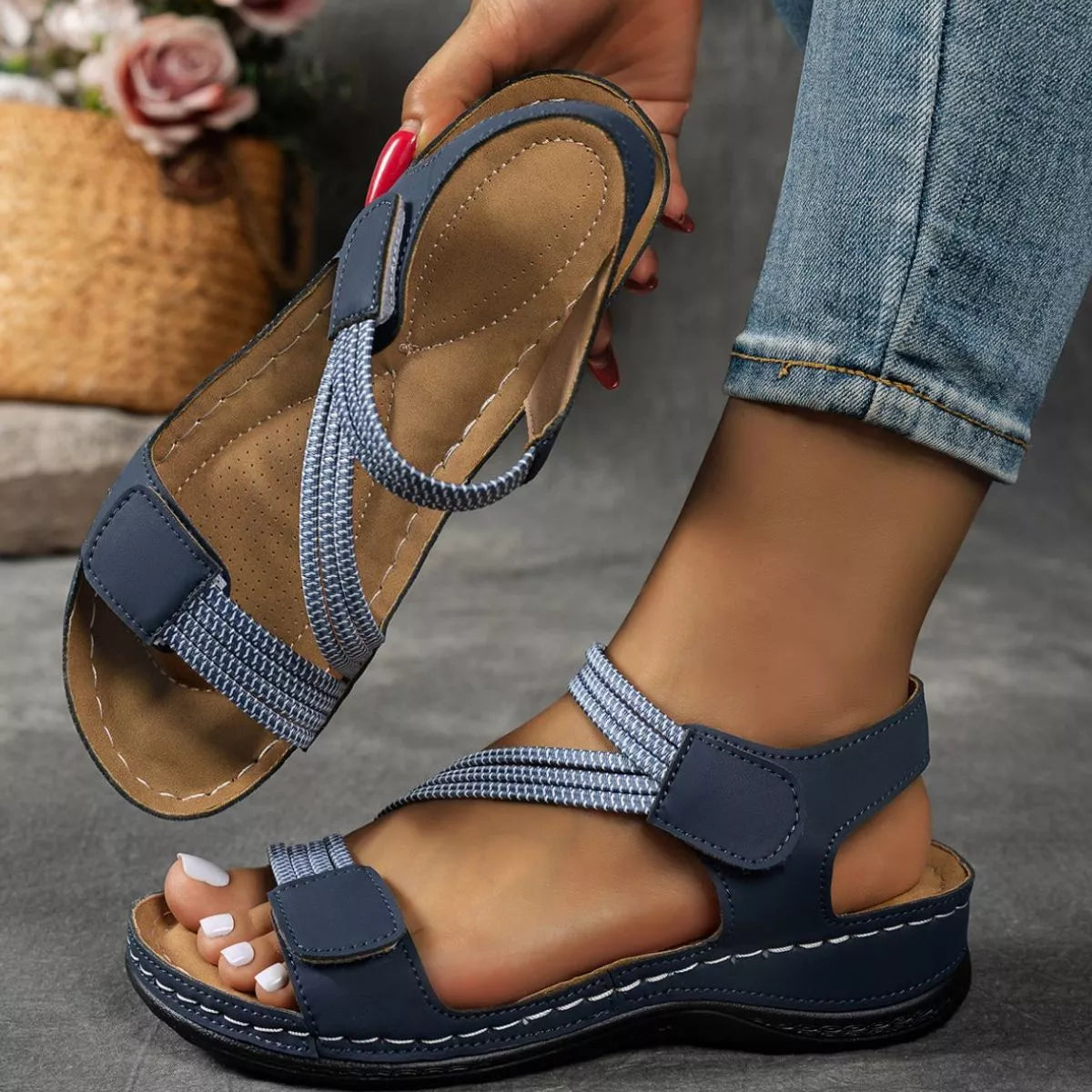 Shopimist open toe wedge sandals with a natural cork heel and stylish straps, perfect for summer footwear.