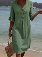 Plus size midi dress with button decor, ruffle sleeves, in a full size, featuring trendy design and elegant style.