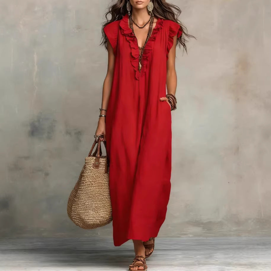 Elegant women's spring/summer dress with ruffles and pockets, featuring a stylish design by LadyShow.