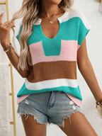 Women's striped notched neck short sleeve knit sweater by Trendsi, casual chic top with horizontal stripes and a stylish notched neckline.