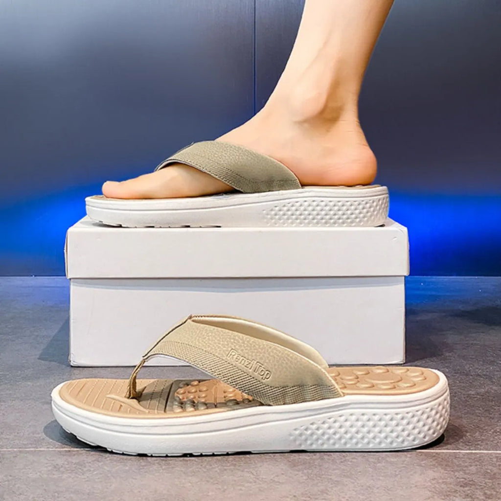 Plush Fashion Hub toe post platform sandals with cushioned footbed and chunky sole, featuring tan straps and open-toe design.