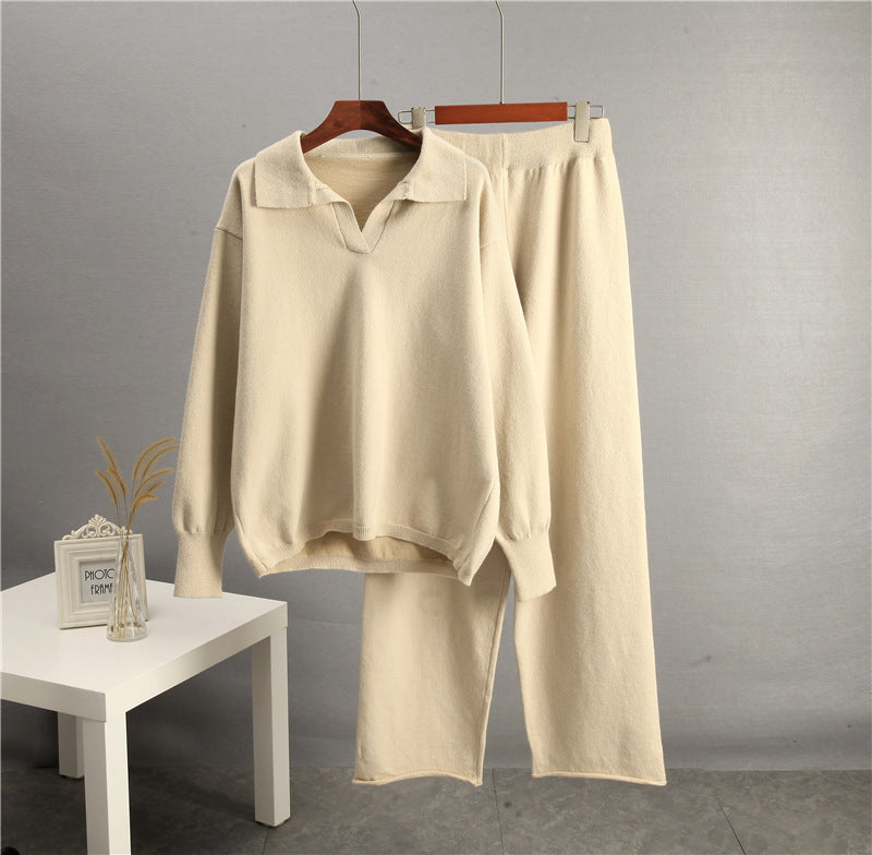 Solid color lapel sweater set for women by Plush Fashion Hub, casualwear featuring a cozy sweater and matching pants.