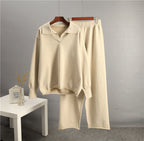 Solid color lapel sweater set for women by Plush Fashion Hub, casualwear featuring a cozy sweater and matching pants.