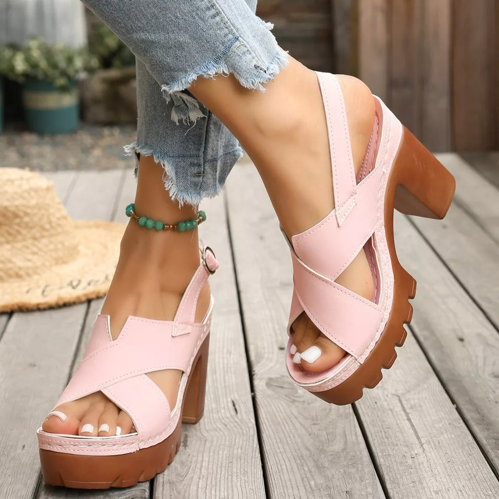 Open toe block heel sandals by Trendsi featuring beige straps and a chunky heel, stylish for summer wear.
