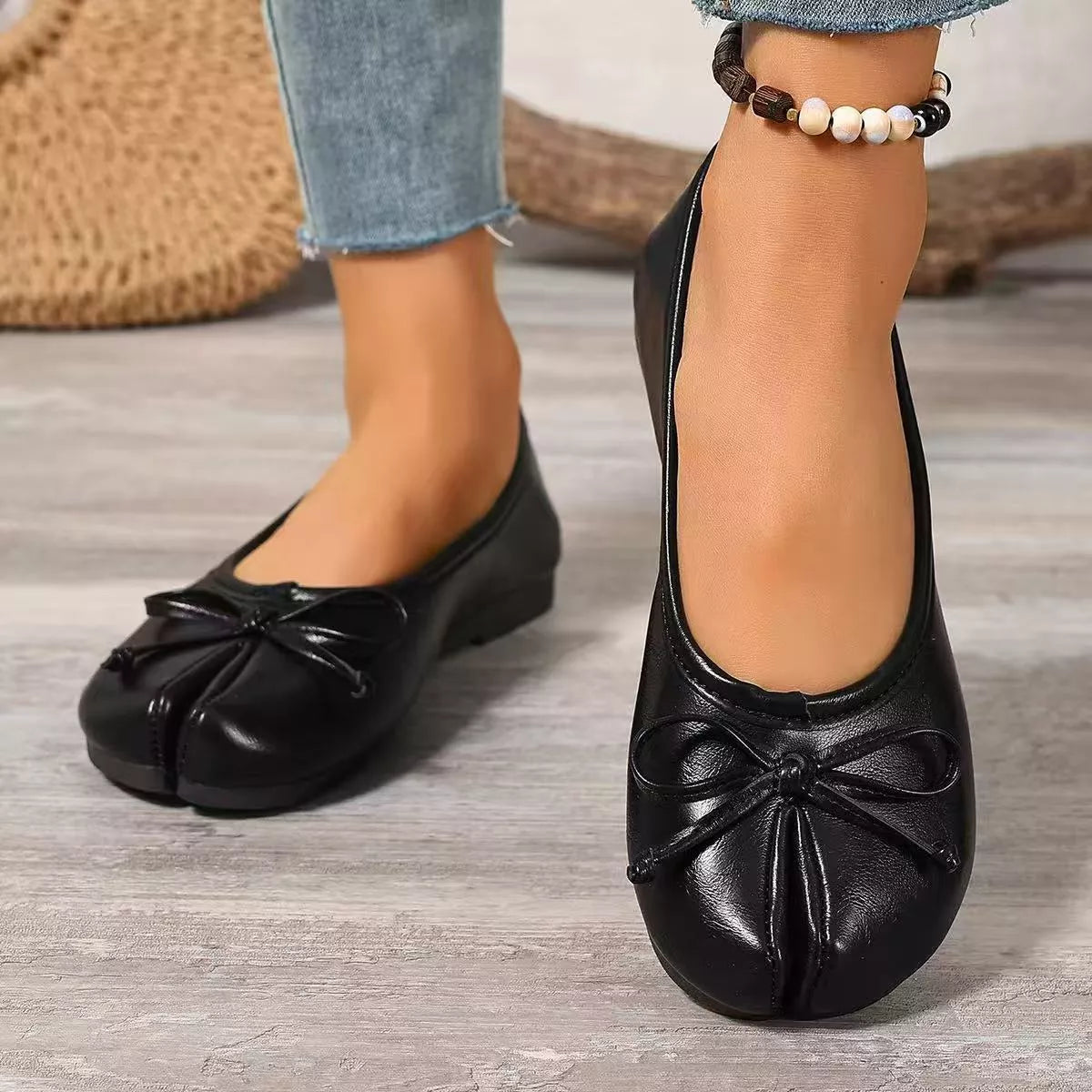 Trendsi bow decor split toe slip-on shoes featuring a stylish design and comfortable fit, shown from a side angle.