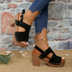 Women's peep-toe chunky heel sandals by FitiqueFit featuring buckle straps and stylish open-toe design.