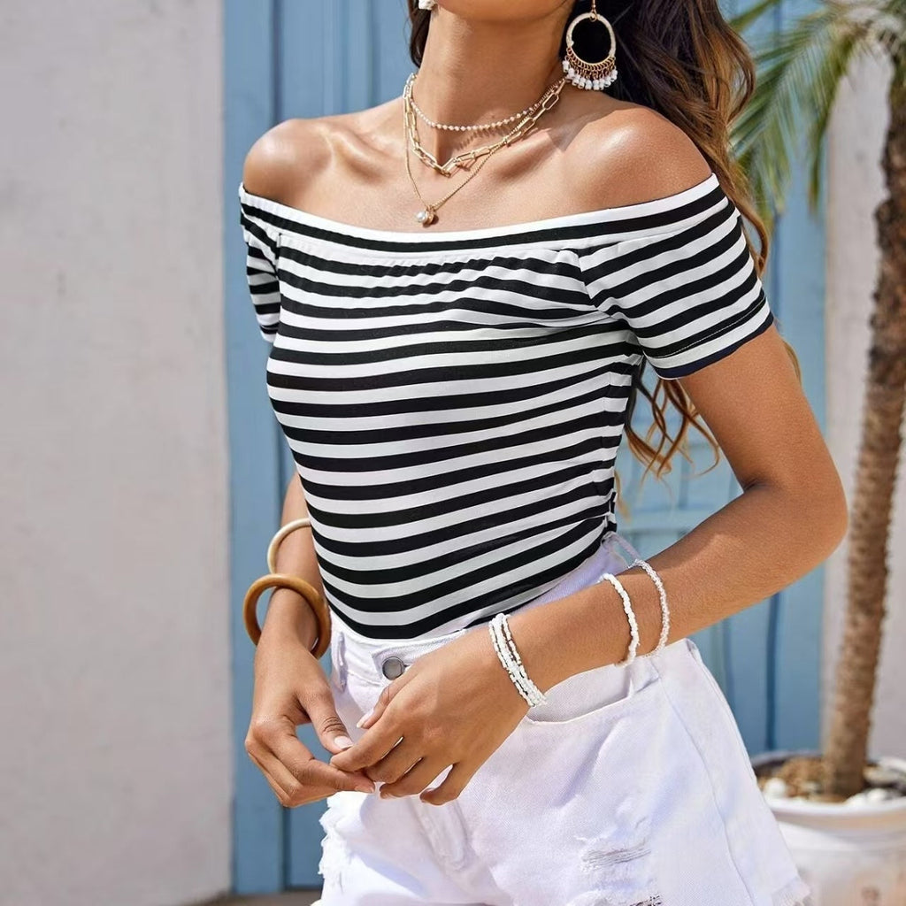 Ladies' FitiqueFit off-shoulder striped casual top with one shoulder design, perfect for stylish, relaxed everyday wear.