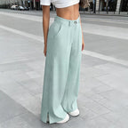 Women's silky satin wide-leg trousers by Plush Fashion Hub, high-waist casual pants with pockets, perfect for elegant comfort.