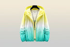 Lightweight FitiqueFit hooded sun-protective jacket with a zipper front and adjustable drawstrings, designed for outdoor sun protection.