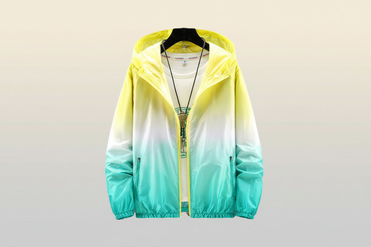Lightweight FitiqueFit hooded sun-protective jacket with a zipper front and adjustable drawstrings, designed for outdoor sun protection.