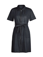 Plus size VYSN denim dress with full zip front, short sleeves, and casual style, shown in a full-length view.