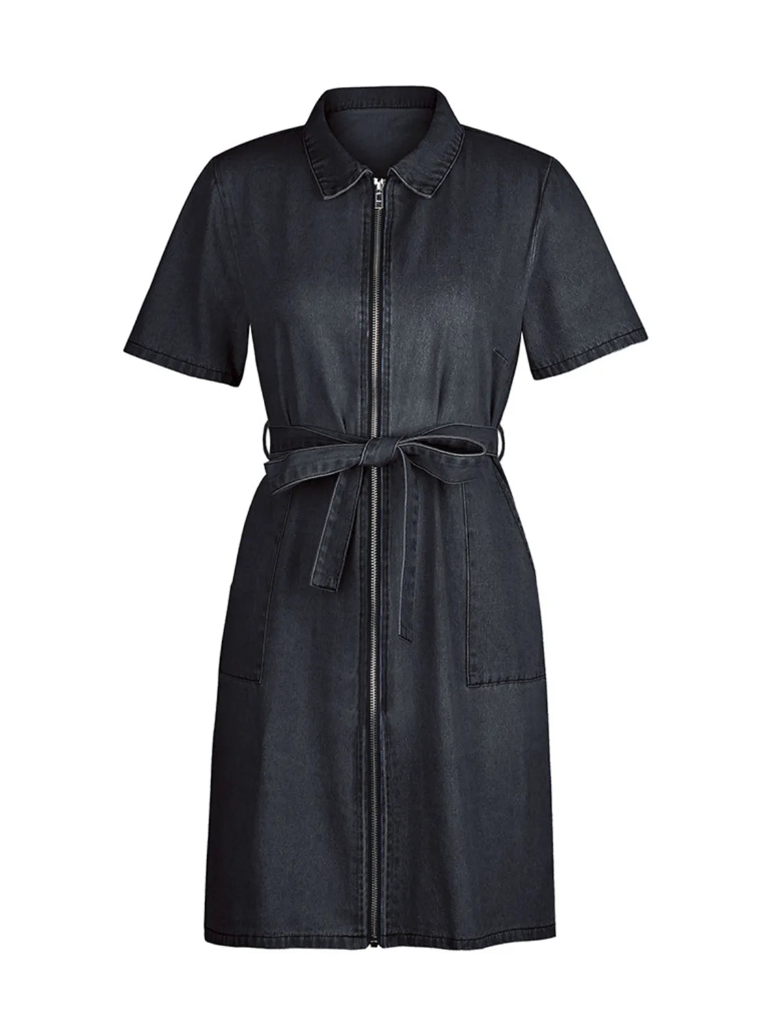 Plus size VYSN denim dress with full zip front, short sleeves, and casual style, shown in a full-length view.