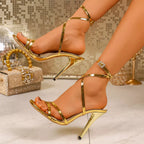 Shopimist open toe stiletto sandals showing sleek heel and stylish straps on a neutral background