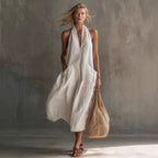 Women's retro V-neck slip dress by FitiqueFit, loose fit sleeveless casualwear, shown in a relaxed, stylish fit.