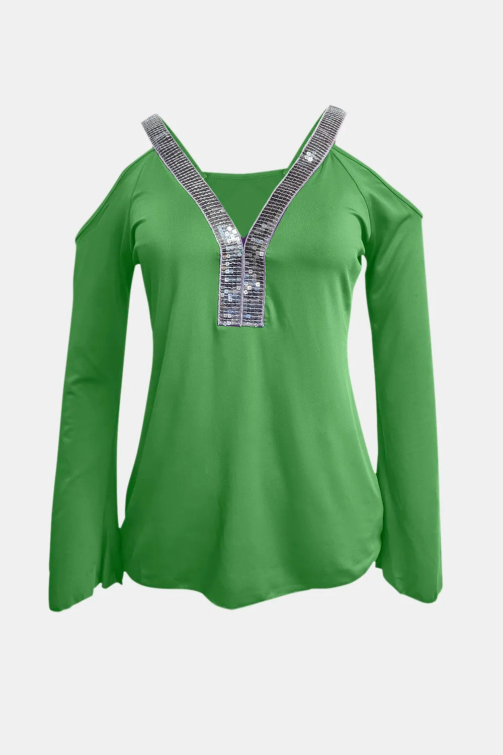 Sequin V-neck cold shoulder top from Trendsi featuring shimmering sequins and stylish cold shoulder design.