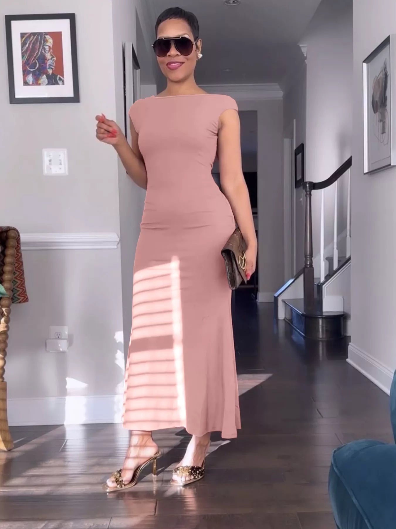 Plush Fashion Hub backless cap sleeve maxi dress with a flowing silhouette and elegant design, perfect for summer occasions.