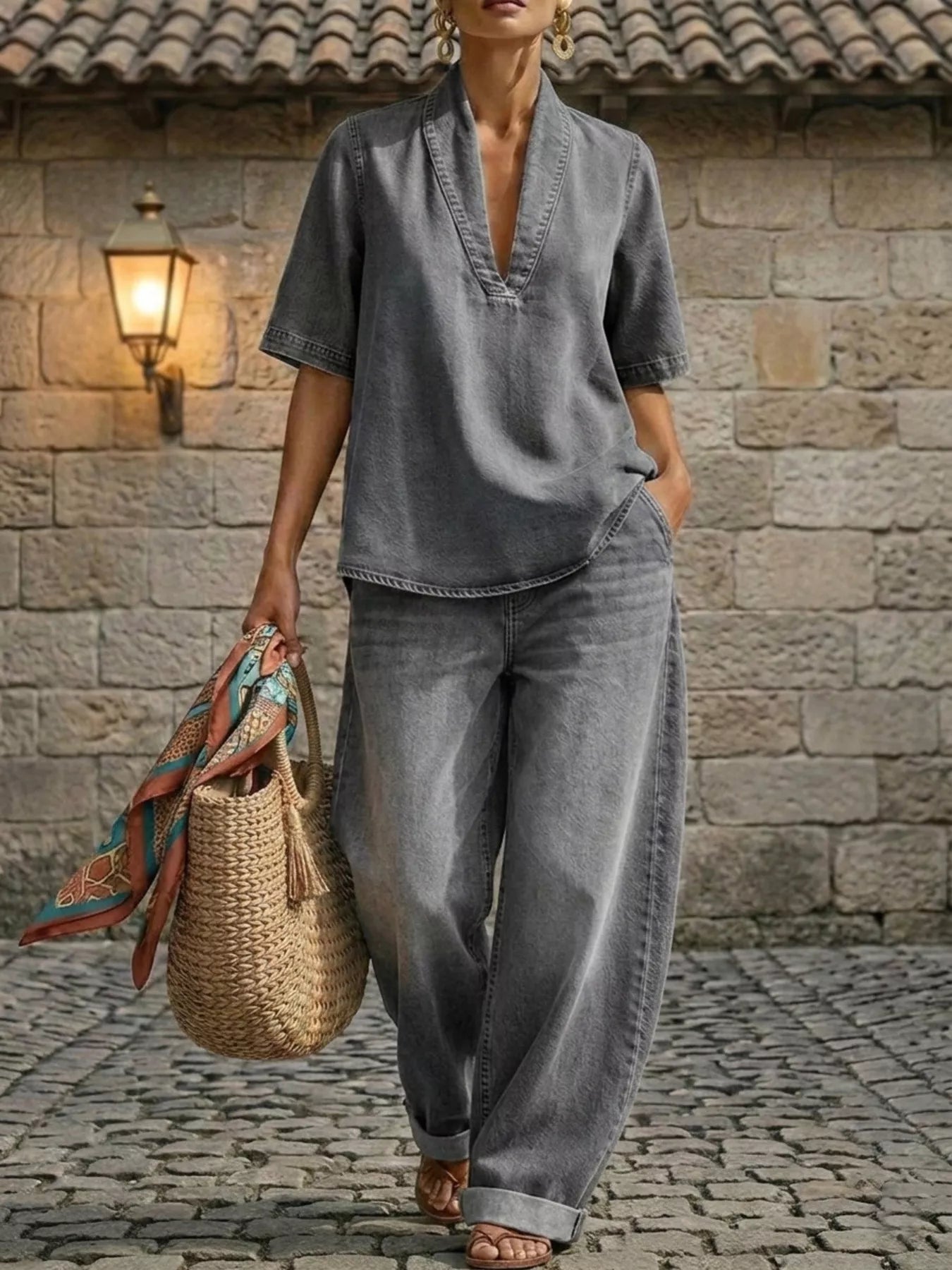 Plus size women's dress set with half sleeve top and wide-leg pants by Trendsi, shown in a stylish, comfortable outfit.