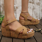 Women's open toe mid-heel wedge sandals in faux leather, stylish and comfortable shoes by Trendsi.