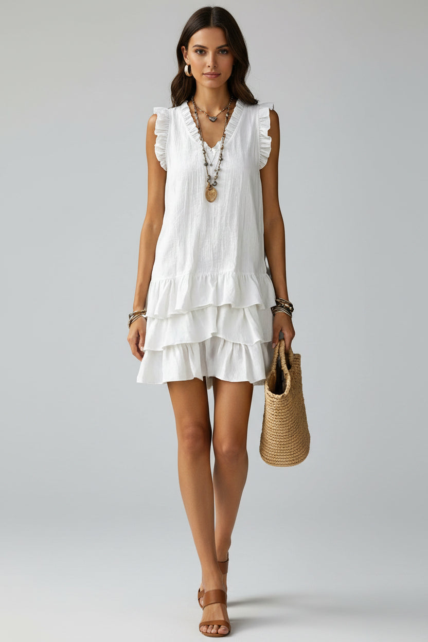 FitiqueFit V-neck ruffle-trim tiered sleeveless midi dress in four colors, casualwear style, showing the flowy fabric and feminine design.