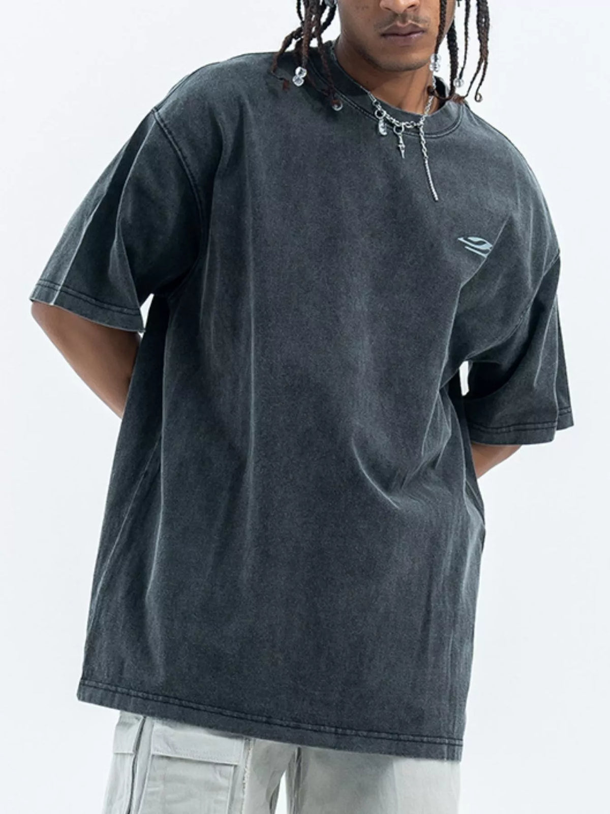 Men's short sleeve T-shirt with letter back design, round neck, and casual fit by Trendsi, in a versatile men's T-shirt style.