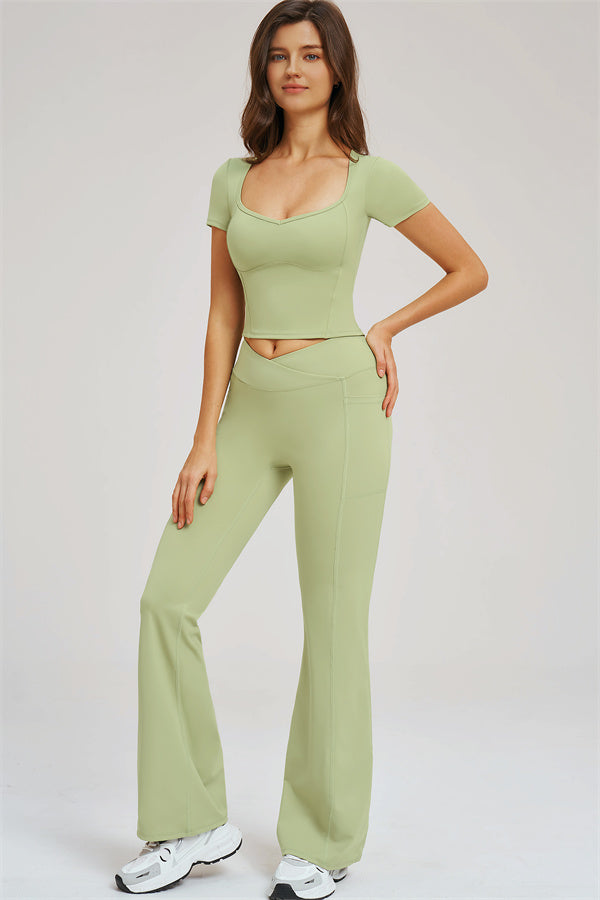 Fitglutes Activewear Sizzle T-shirt and flared leggings 2-piece gym set, featuring a fitted T-shirt and stylish flared workout leggings.