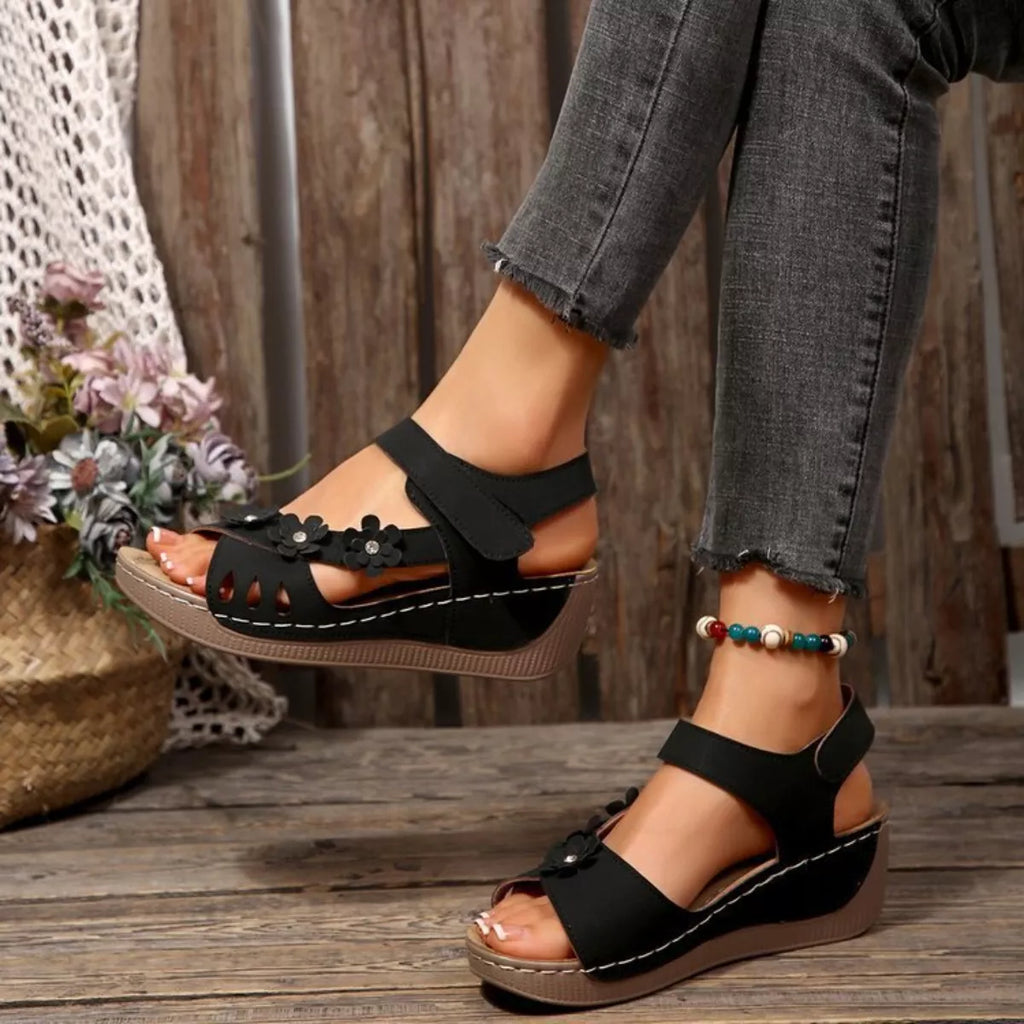 Floral embellished wedge sandals by Shopimist featuring colorful flower accents and comfortable cork heel.