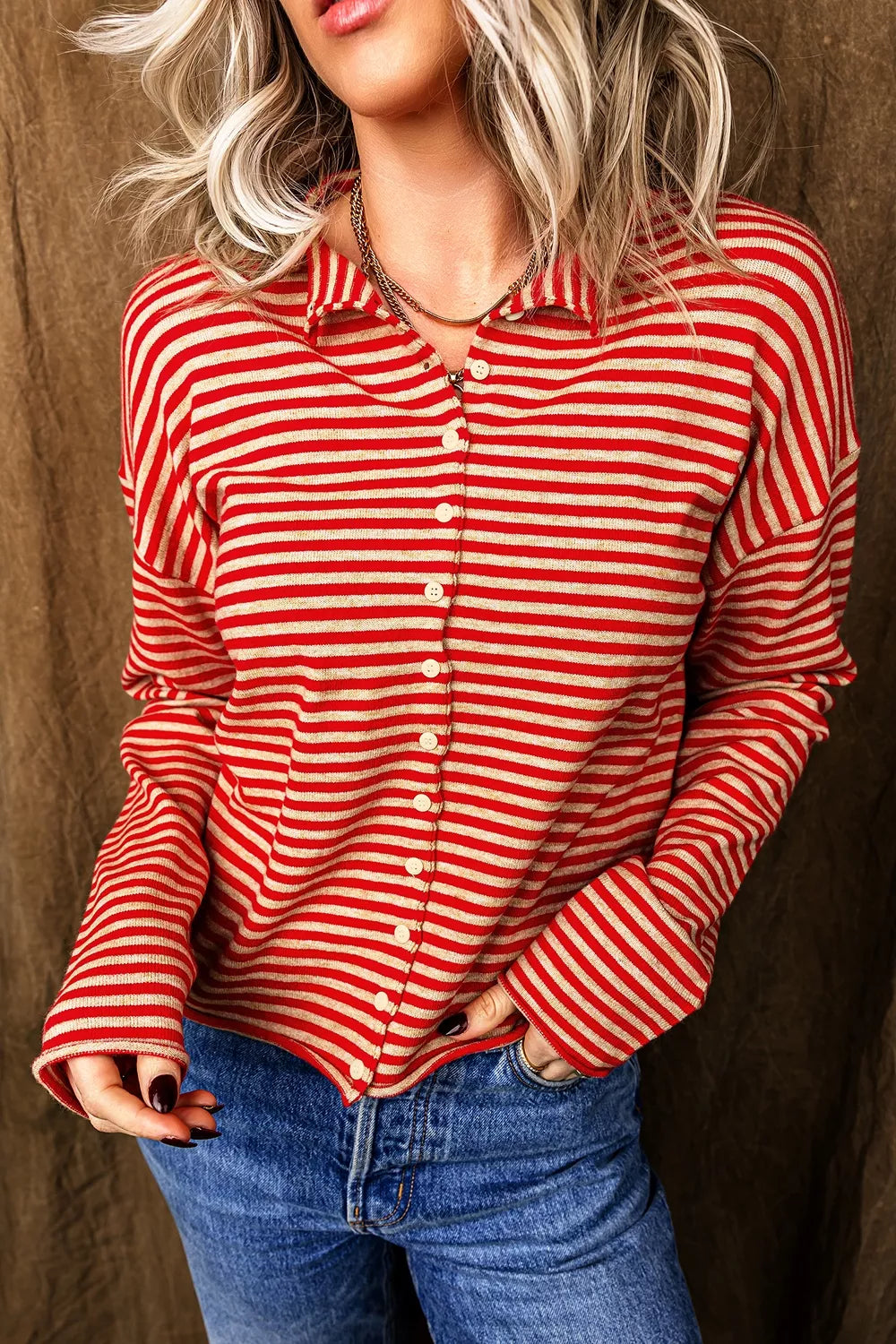 Striped button collar long sleeve knit cardigan shirt from Plush Fashion Hub with a cozy knit texture and classic design.