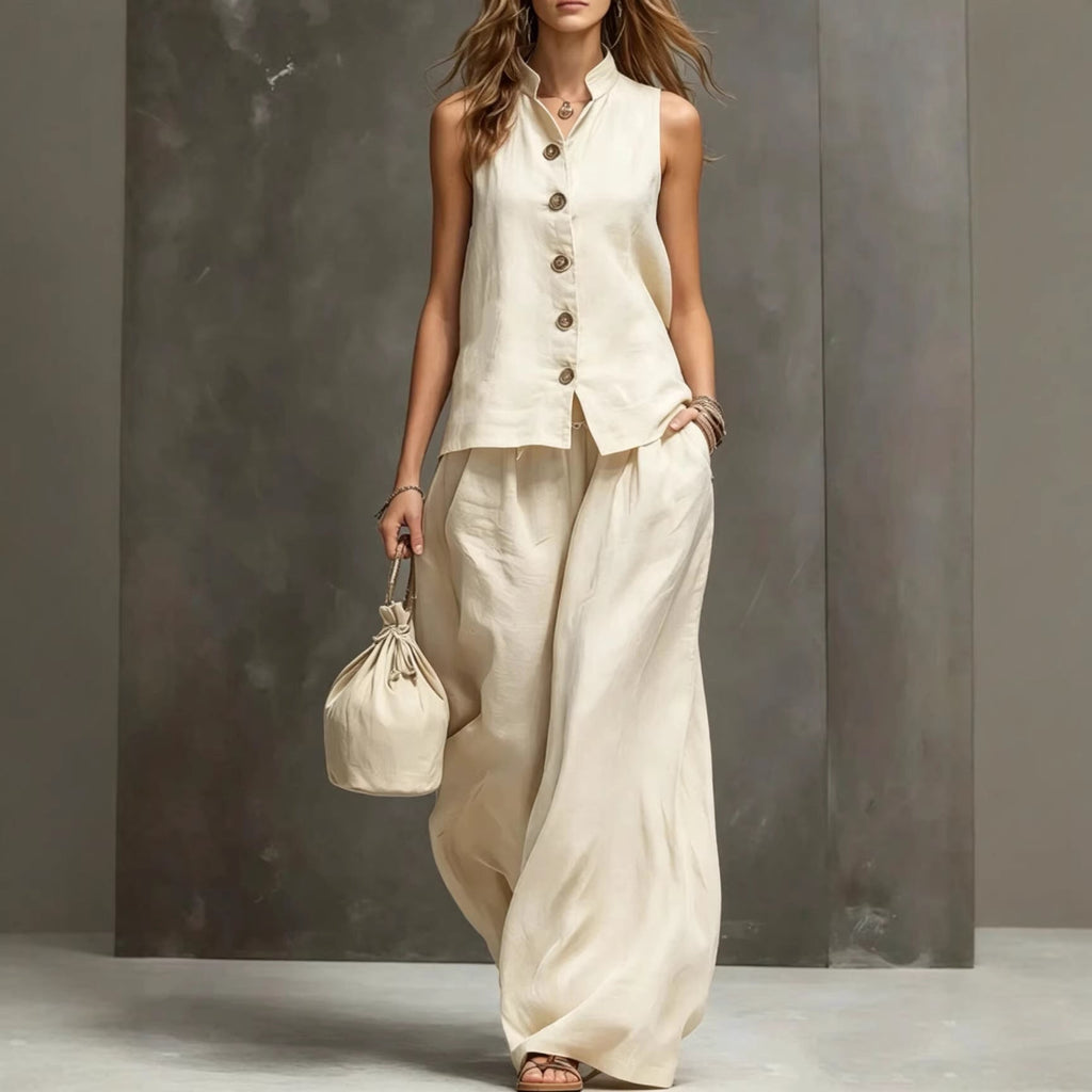 Women's sleeveless vest and wide-leg pants two-piece set in cotton linen by FitiqueFit, featuring a stylish and comfortable casual outfit.