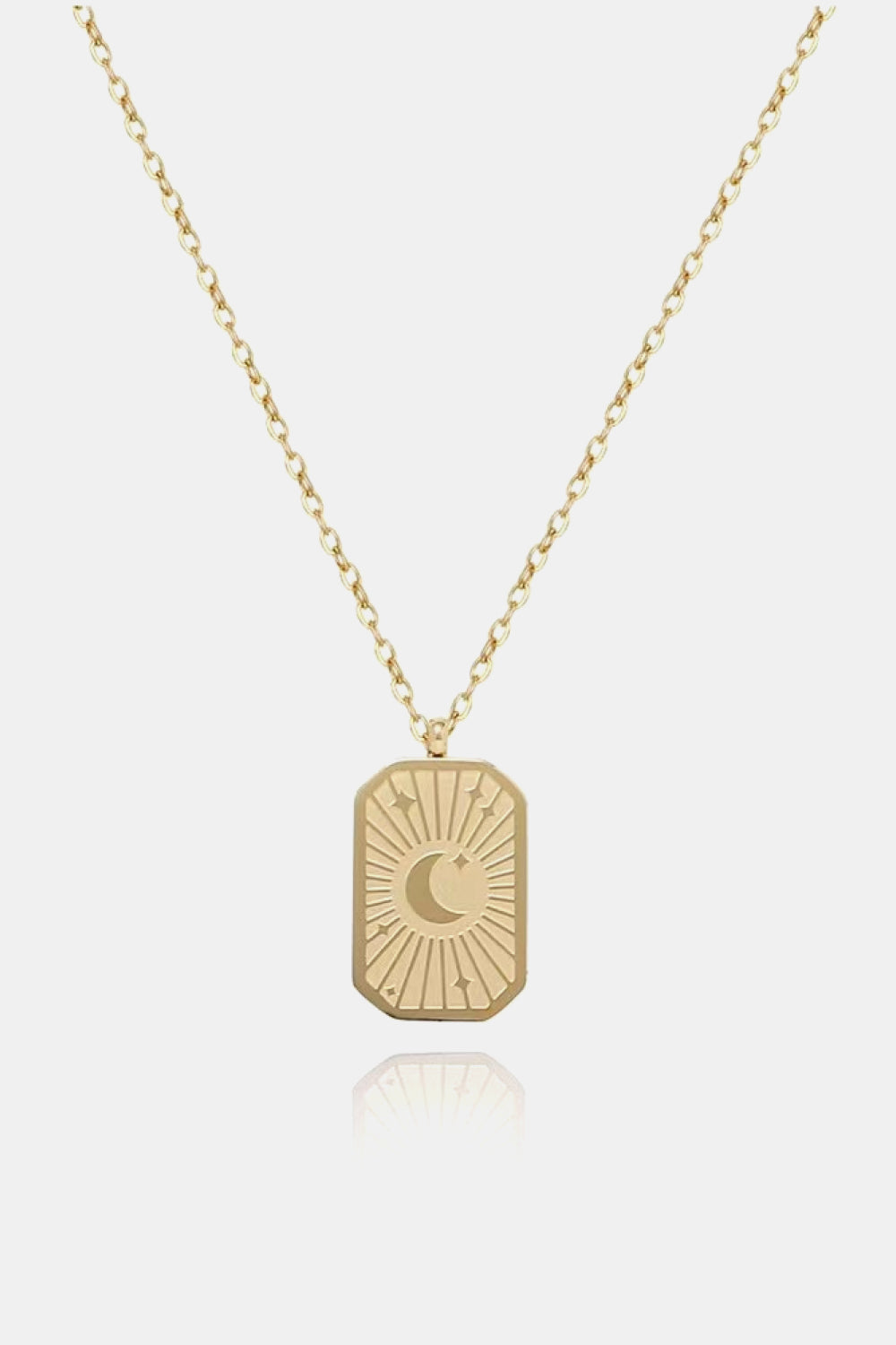 Stainless steel 18K gold-plated necklace with a sleek chain and minimalist pendant on a white background.