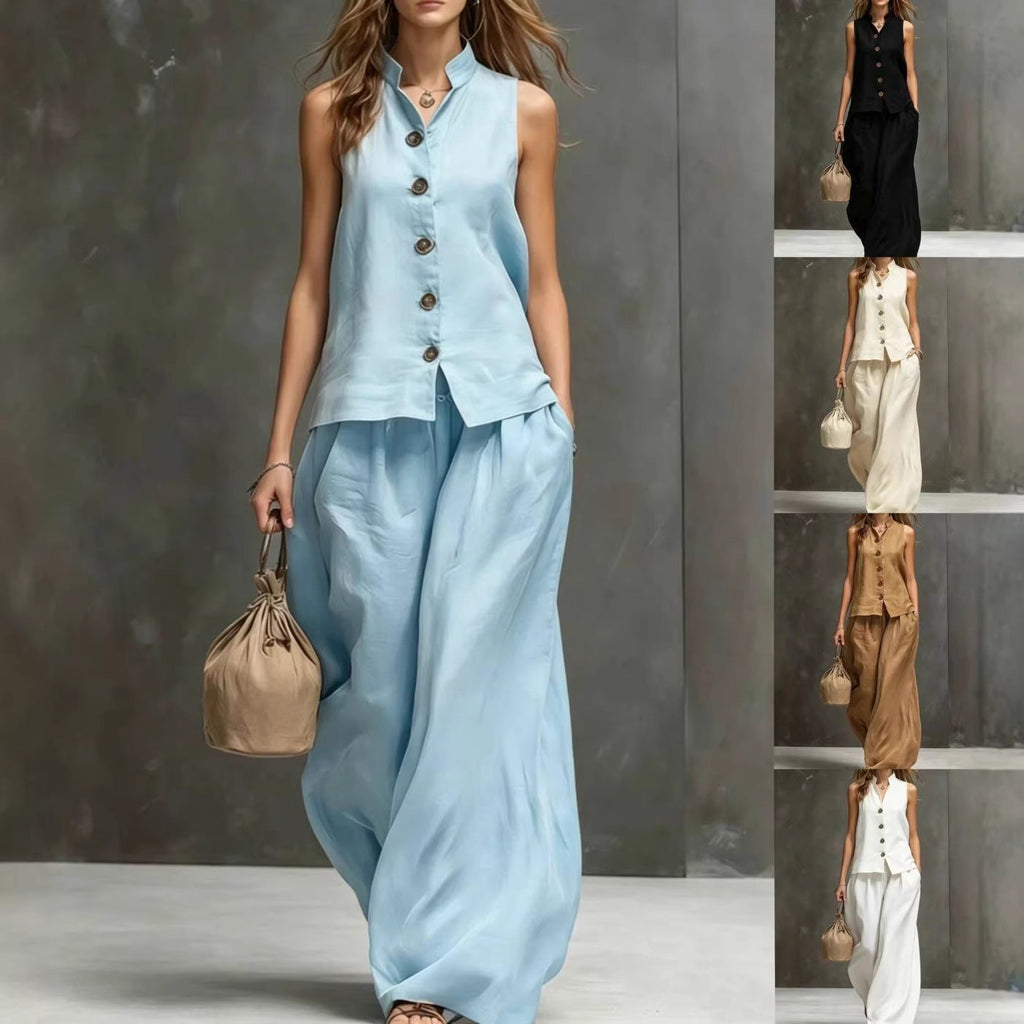 Women's sleeveless vest and wide-leg pants two-piece set in cotton linen by FitiqueFit, displayed on a model.