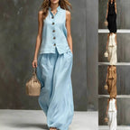 Women's sleeveless vest and wide-leg pants two-piece set in cotton linen by FitiqueFit, displayed on a model.