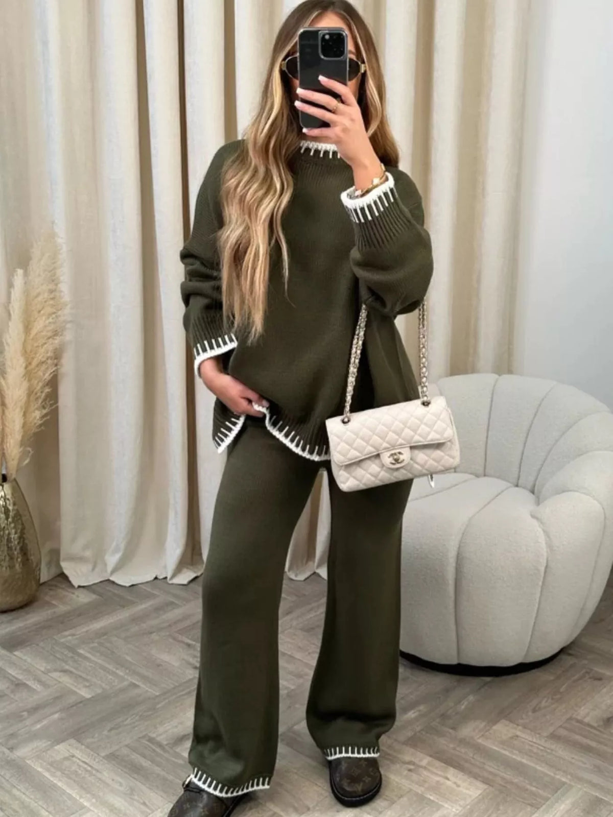 Simply Love contrast trim round neck sweater set with matching pants, stylish and comfortable for casual wear.