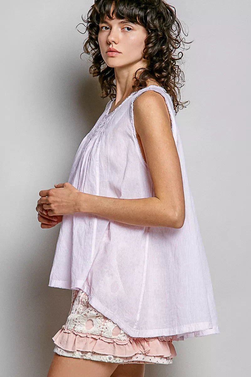 Pol Pol round neck sleeveless striped pleated cotton top by Shopimist, featuring a stylish design and lightweight fabric.