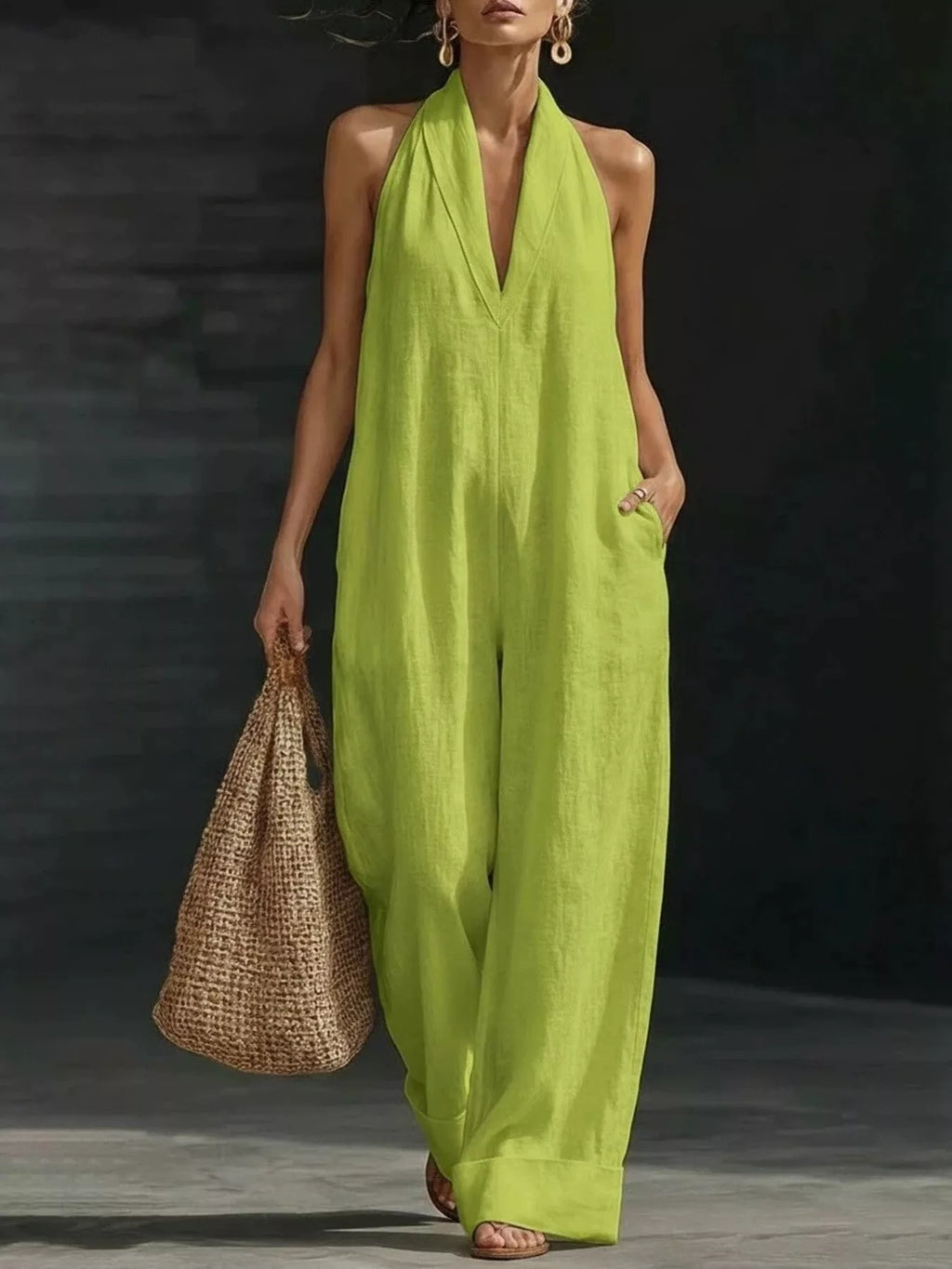 Halter neck wide-leg jumpsuit by Trendsi, featuring a stylish design with a halter neckline and flowing wide-leg pants.