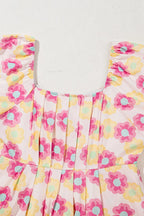 Floral square neck puff sleeve cotton midi dress with pleated flared skirt, from Plush Fashion Hub, featuring a stylish and feminine design.