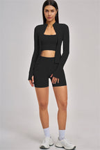 Fitglutes Activewear 3-piece set including a sports bra, jacket, and shorts for workout and gym activities.