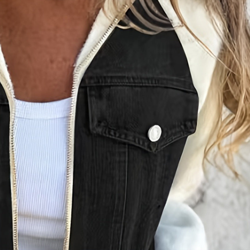 Women's denim patchwork zip-up jacket by FitiqueFit, casualwear with mixed fabric patches and front zipper closure.