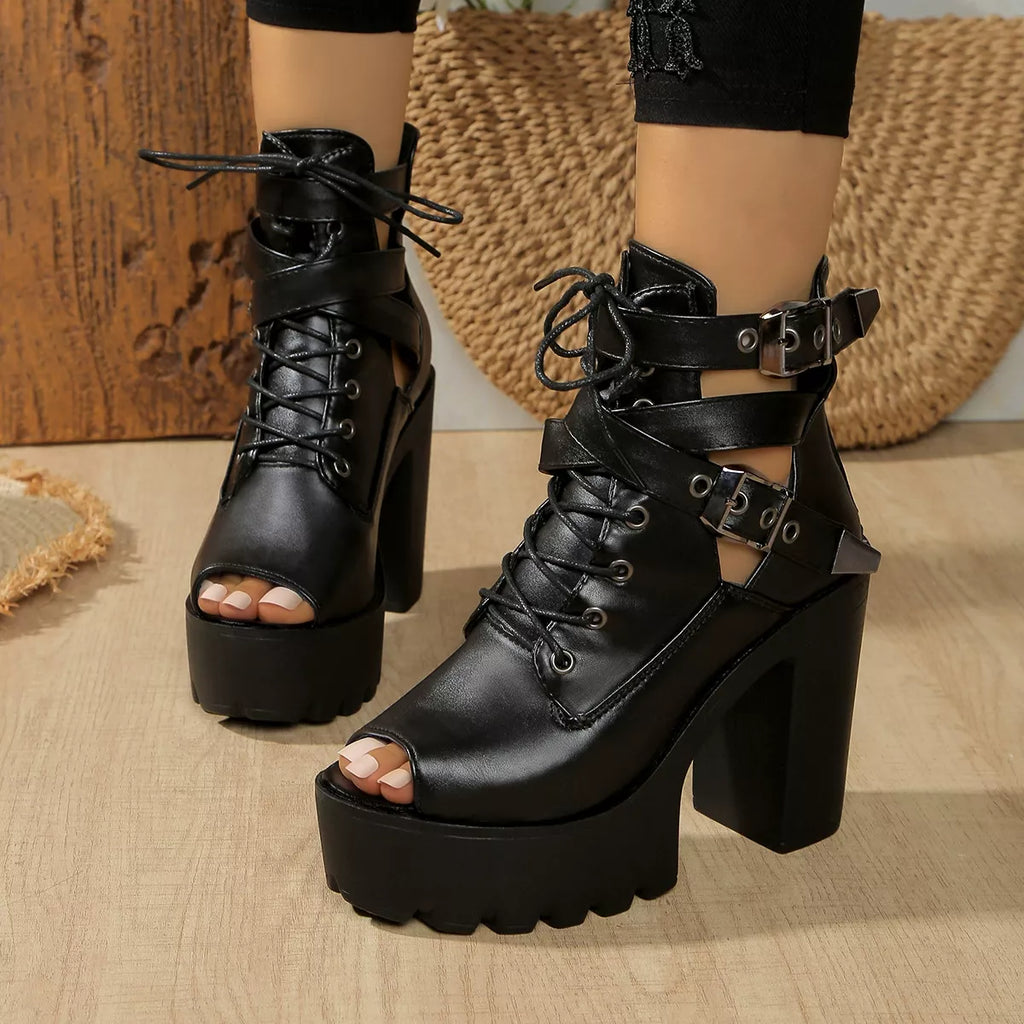Plush Fashion Hub lace-up block heel sandals with open toe and ankle straps, featuring a stylish and comfortable design.