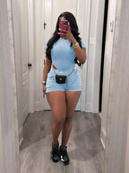 Ribbed knit bodysuit and shorts set by Shopimist, featuring a fitted design and soft ribbed fabric, perfect for casual wear.