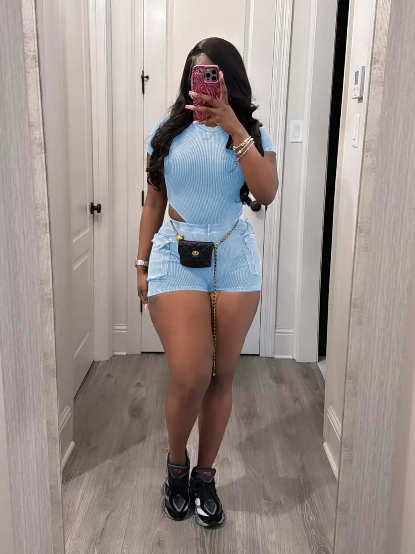 Plush Fashion Hub ribbed knit bodysuit and shorts set, two-piece outfit featuring a fitted bodysuit with matching shorts in a ribbed texture.