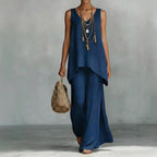 Women's Bohemian wide-leg pants and V-neck vest set with 3D print, casualwear by FitiqueFit, shown laid flat.