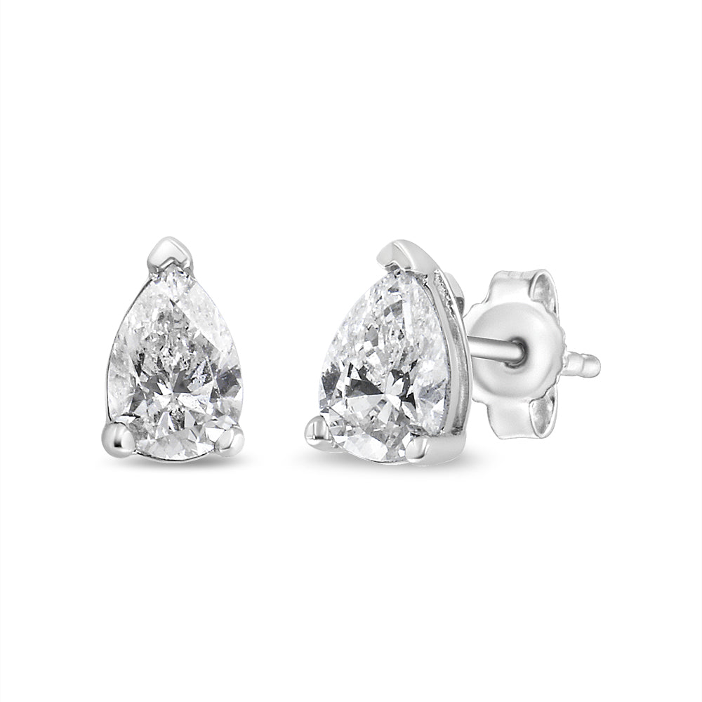 Pear shape lab-grown diamond stud earrings in 14K white gold with F-G color, VS2-SI1 clarity from Plush Fashion Hub.