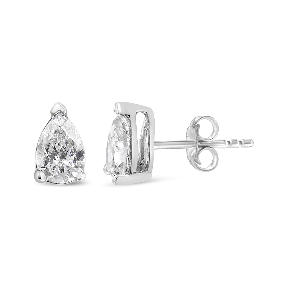 Pear shape lab grown diamond stud earrings in 14K white gold, F-G color, VS2-SI1 clarity, from Plush Fashion Hub.