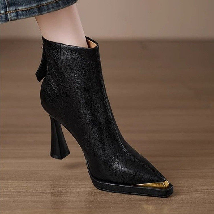 Women’s pointed-toe chunky-heel side-zip boots by FitiqueFit, featuring sleek black leather and stylish silhouette.