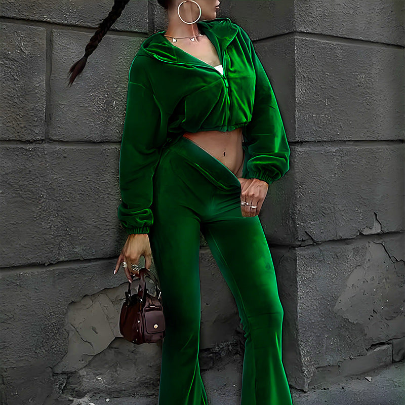 Women's autumn casual velvet high-waist top and flared pants two-piece set by LadyShow.Store, featuring a stylish and comfortable design.