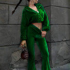 Women's autumn casual velvet high-waist top and flared pants two-piece set by LadyShow.Store, featuring a stylish and comfortable design.