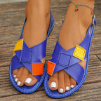 Colorful patchwork buckle flat sandals with ankle strap, comfortable summer shoes by Trendsi, featuring vibrant woven design and flat sole.
